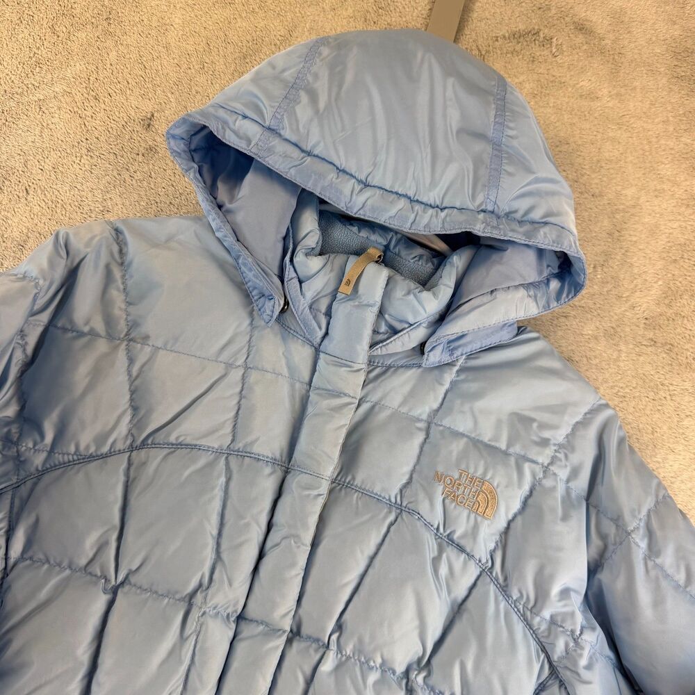 North Face Girls 550 Down Puffer Jacket Hooded Periwinkle Blue Size Large